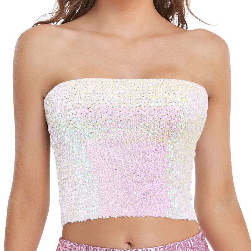 Fenyong Womens Sparkly Sequin Mermaid Crop Tops, Strapless Metallic Tube Tops for Party Clubwear (White) - Image 1